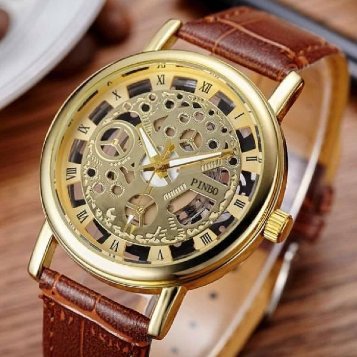 Brown Leather Skeleton Watches for Men